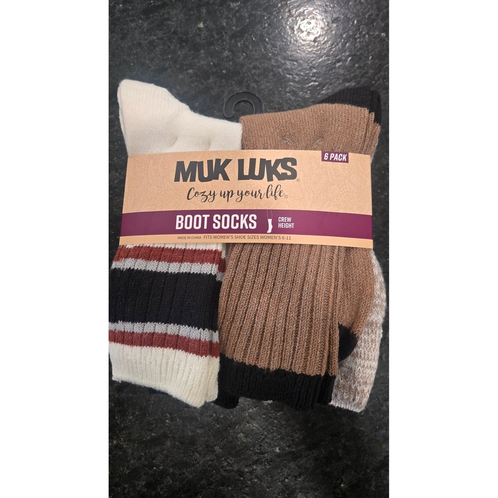 Muk Luks Women's Boot Socks 6 Pack Crew Height Brown Black White Striped 6-11